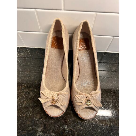 Tory Burch Jackie Canvas Natural Peep-Toe‎ Espadrille Wedges Metallic sheen 7.5 - Picture 5 of 12